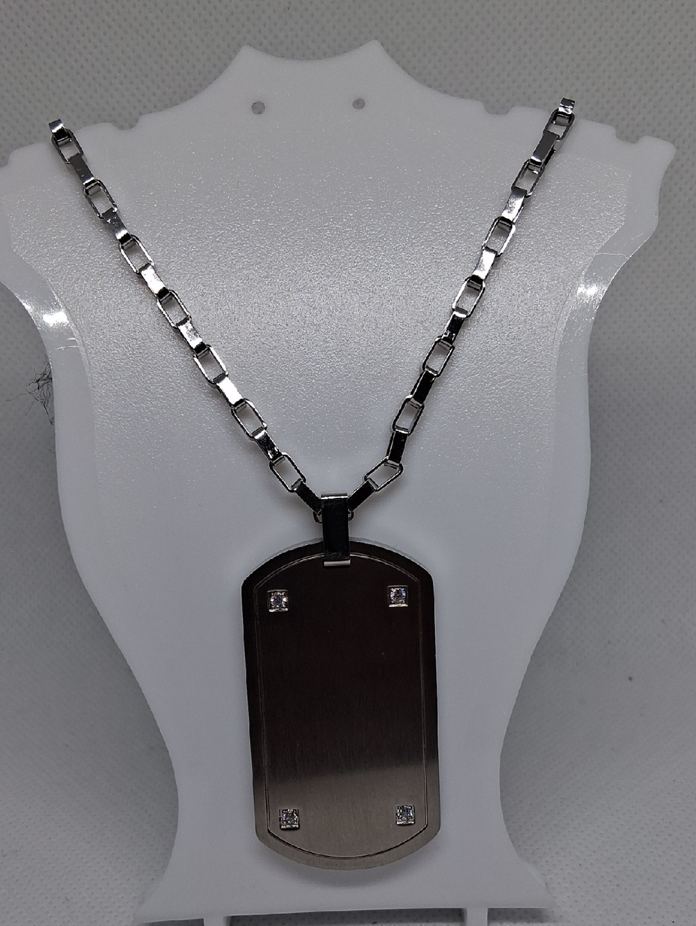 Metro Silver Rectangular Dog Tag Necklace with CZ Accents